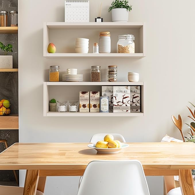 Kaboon 24in Floating Cube Shelves Set of 2, Display Shelves Wall Mount, Decorative Hanging Shelves for Kitchen Living Room Office,(Beige Leather, Rectangle 2 Cubes)