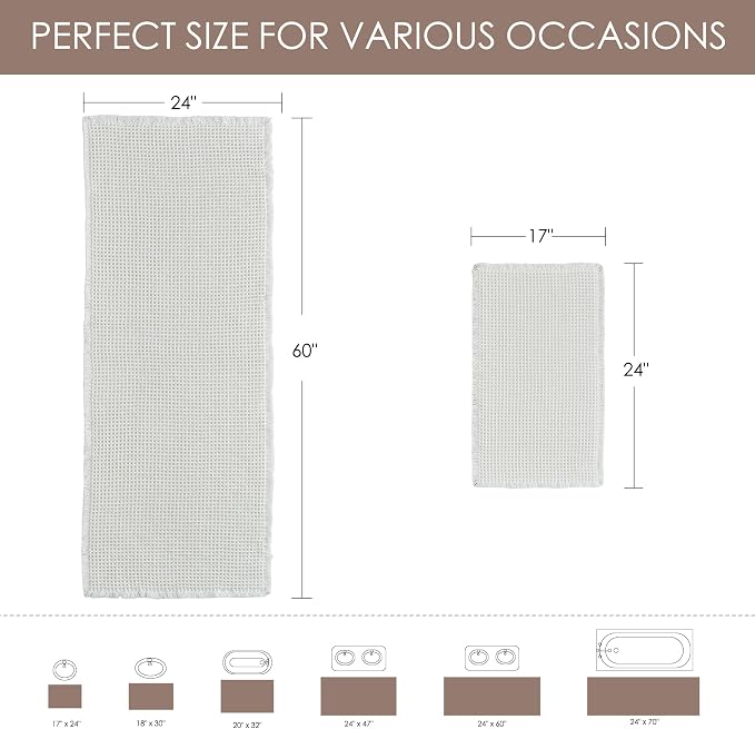 KGORGE Waffle Bathroom Rug, Large Super Absorbent Non Slip Washable Bathroom Rugs Decor, Boho Quick Dry Rubber Backed Bath Mat for Shower Toilet Hallway Hotel, Pure White, 24" W X 72" L 1pc