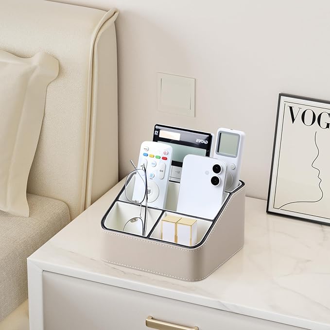 Remote Control Holder, PU Leather Small Desk Organizer with 4 Compartments, Nightstand Organizer Office Desk Accessories Desk Caddy for Countertop Bedside End Table (Beige)