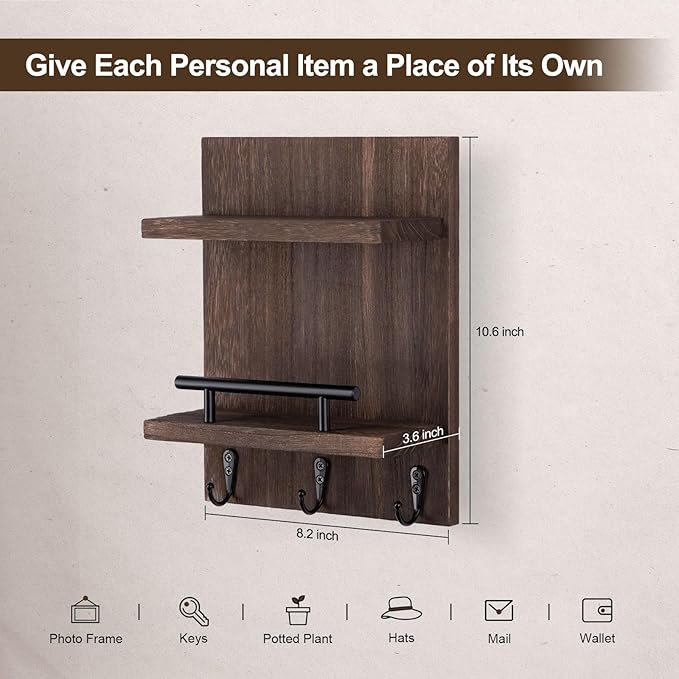 Key Holder Wall Mount, Mail Shelf Decor with 3 Key Hooks, Versatile Wood Wall Organizer for Entryway Hallway (8.2” x 10.6”x 3.6”) (Brown)