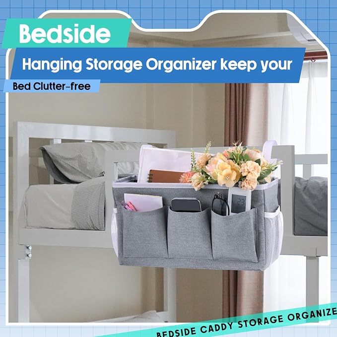 3 Pcs Bedside Caddy Storage Organizer, Bedside Hanging Storage Bag with Pockets and Fixed Straps for Bunk Bed Shelf Dorm Rooms Crib Bed Rails Hospital Beds, Can Be Placed Glasses Books