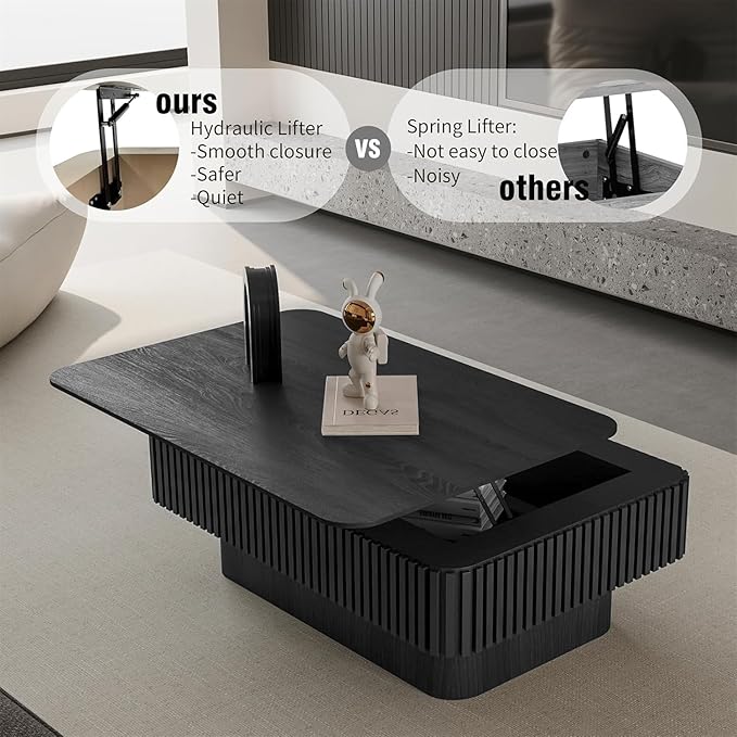 LKTART Lift Top Coffee Table for Living Room, Mid Century Modern Coffee Table with Hidden Storage, Solid Wood Veneered Rectangle Center Tea Table for Small Space Apartment (38.6''L×14''H-Black)
