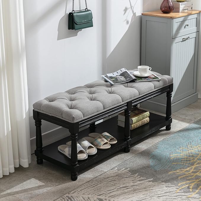 Farmhouse Storage Bench Wooden Entryway Linen Upholstered Ottoman Button Tufted Bench with Black Legs for Bedroom End of Bed Hallway Organizer, Grey, 45 Inch