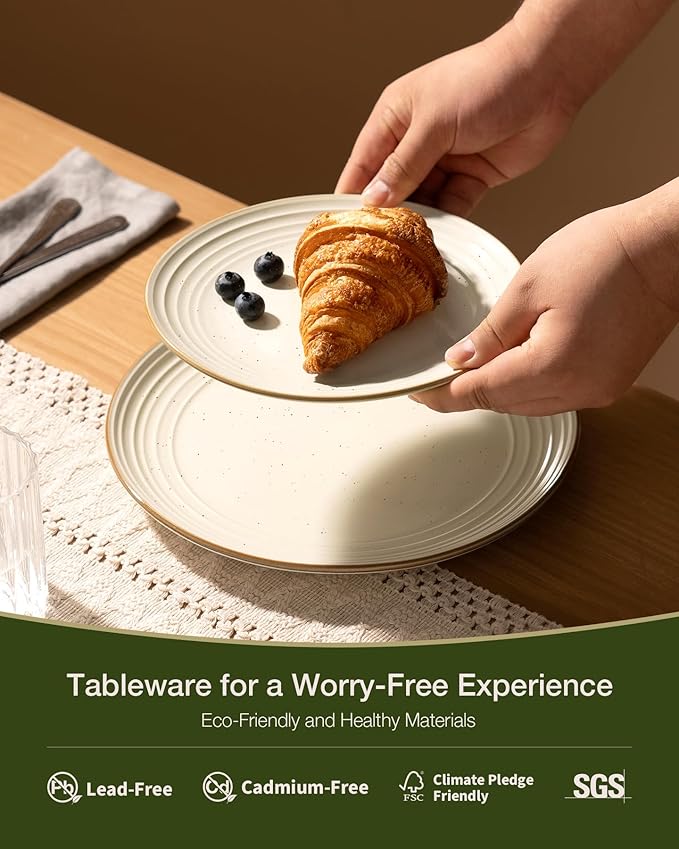 Famiware Jupiter 18-Piece Stoneware Dinnerware Sets for 6 – Handcrafted Plates and Bowls with Speckles & Embossed Swirls, Chip & Scratch Resistant, Modern Dishes for Daily & Formal Use, Vanilla White
