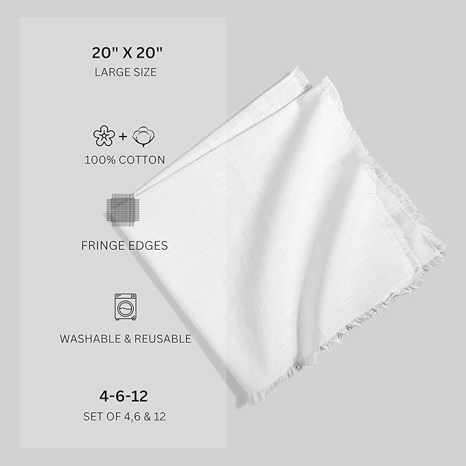FINGERCRAFT Natural Cotton Napkin Set of 12 20x20 inch Dinner Napkins - Washable Soft Premium Reusable Perfect Fall Thanksgiving Table Napkins for Family Dinners Christmas Weddings Everyday Use White