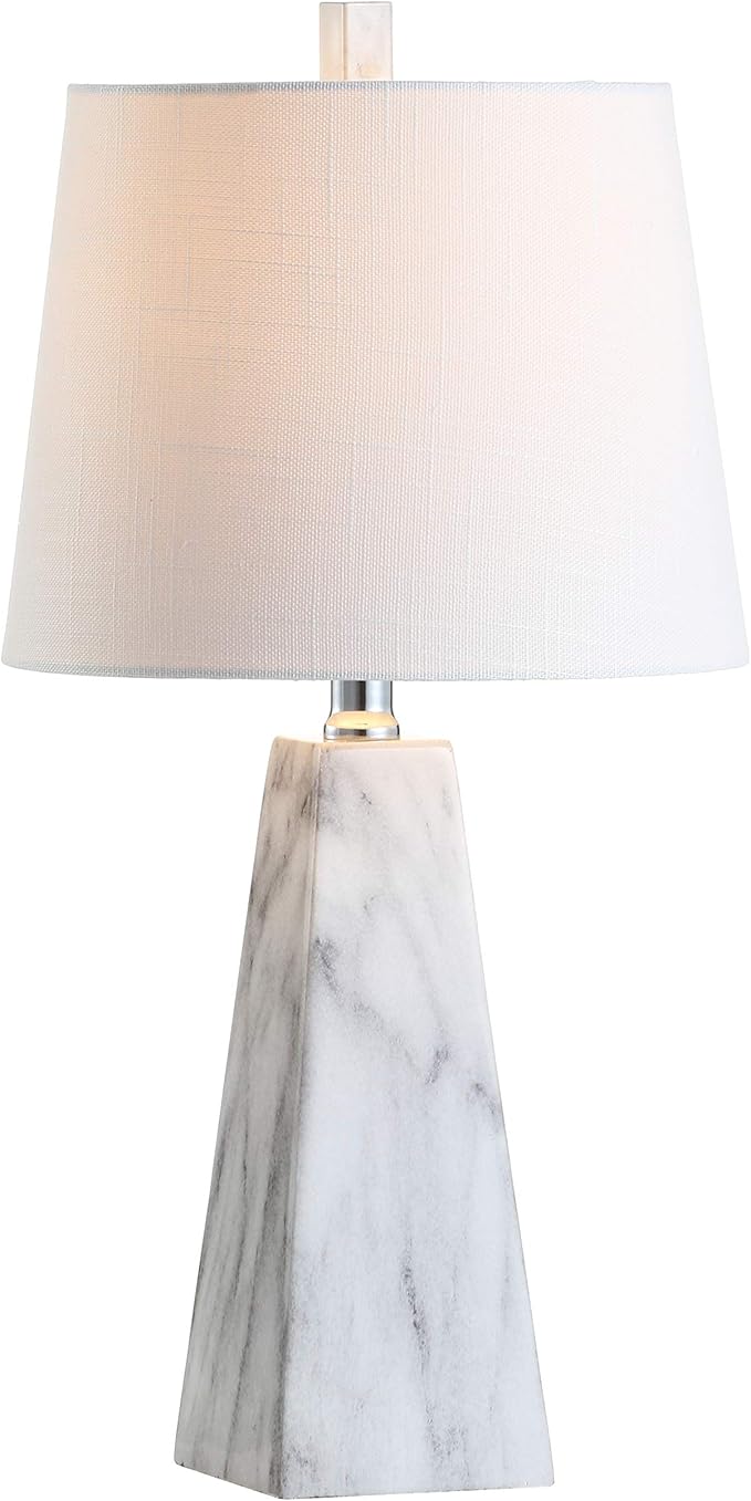 JONATHAN Y 20.5" White Marble Finish Modern Resin Table Lamp for Bedroom Living Room, Contemporary Faceted Bedside Lamp with White Linen Shade, LED Bulb Included JYL1037A