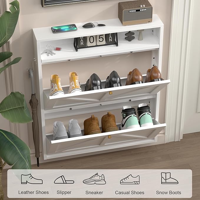 Shoe Storage Cabinet for Entryway, 2 Flip-Down Floating Hidden Shoe Rack, Ultra Slim Wall Mounted Steel Shoe Organizer for Small Spaces, Modern Front Door Shoe Storage, Anti-Tip, White