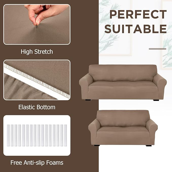 Peryiter 2 Pcs Sofa Covers Couch and Loveseat Covers Set Stretch Sofa Slipcover for Living Room Armchair Furniture Protector, Wrinkle Proof(Camel,Milk Silk)
