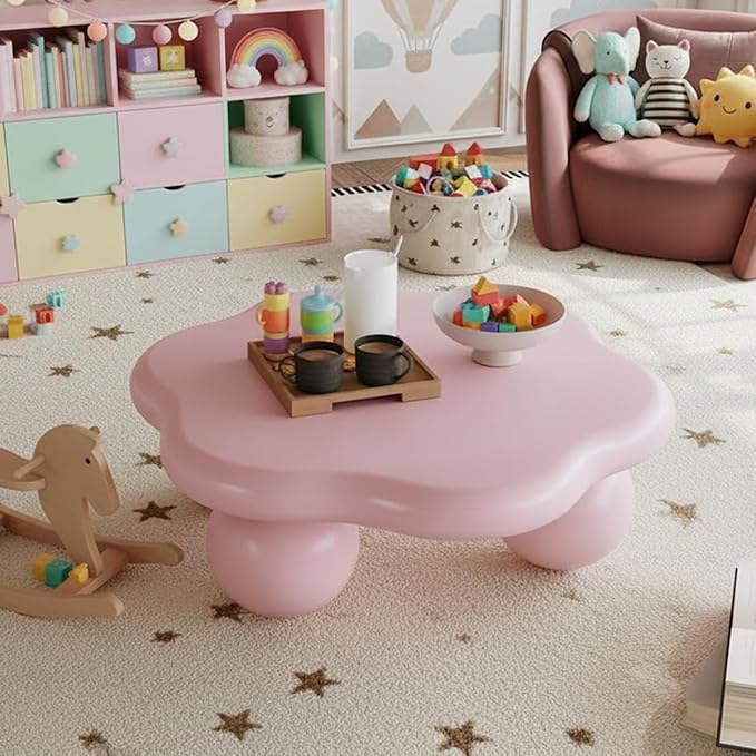 35.03" Cloud Coffee Table for Living Room Unique Coffee Table Modern Low Coffee Tables Cute Center Table with 3 Ball Legs for Small Space Apartment Cream Flower-Pink