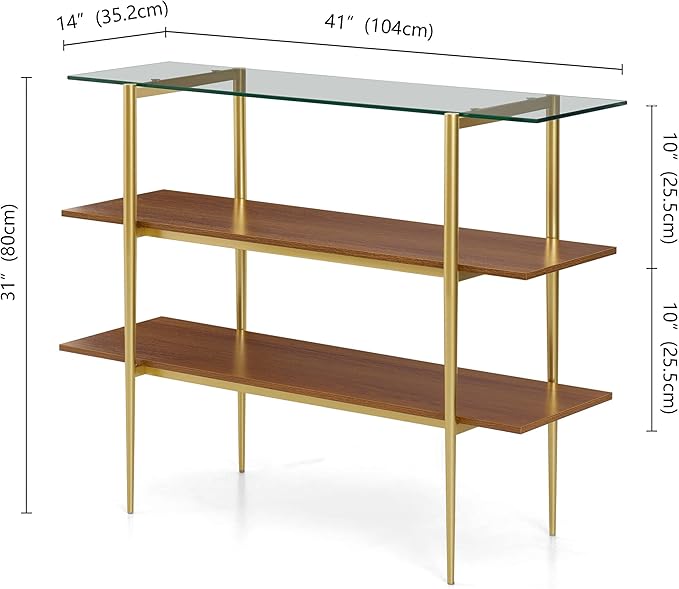 LumFurn Glass Console Table for Living Room, Foyer & Entrance, H41 x W14 x H31inch, 3-Tier Mid-Century Modern Sofa Table with Clear Glass Top, Walnut Finish Wood Shelf and Gold Finish Frame