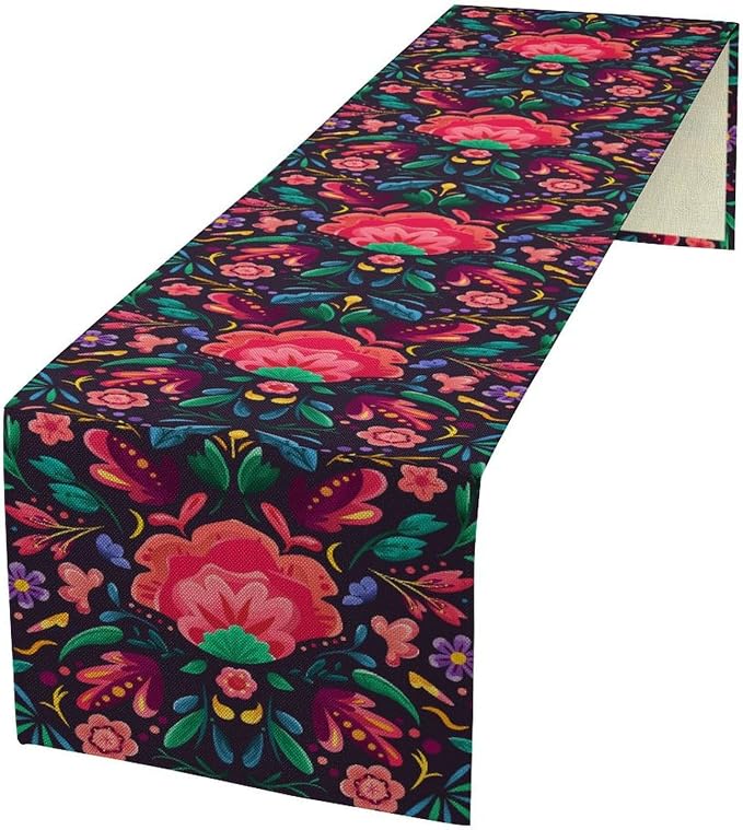 YCness Mexican Fiesta Table Runner Colorful Floral Plants Traditional Pattern Traditional National Ornament Table Runner for Party Living Room Home Bedroom Kitchen, 13x120 Inch