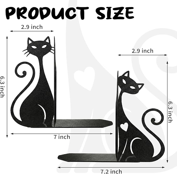 Atomic Cat Metal Bookends Set of 2 Cute Book Ends for Shelves Bookshelf Decorative Objects Home Office Desk Bookshelf Decor Gift for Cat Lovers and Reading Enthusiasts (Black)