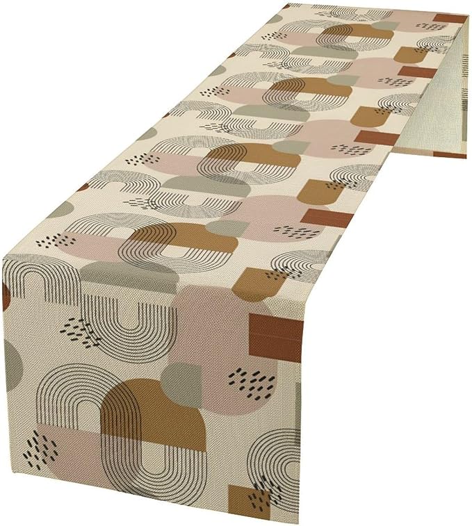 Mid Century Table Runner, Boho Neutral Abstract Geometric Bohemian Modern Table Decoration for Kitchen Dining Home Party Birthday, 13x90 Inch