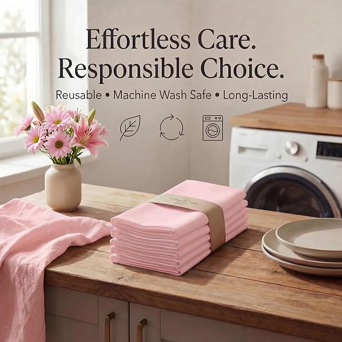 Urban Villa Cloth Napkins 100% Cotton Highly Absorbent Washable Reusable Premium Dinner Napkins Ideal for Gifts for Mothers Day Hotel Farmhouse Parties - Pink - Hemstitch (20" x 20", Set of 12)
