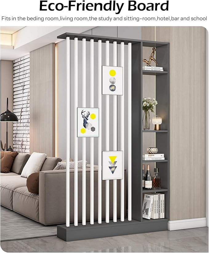 Wall Room Divider, Storage Cabinet Storage Display with Shelves, Modern Freestanding Wood Room Divider Screen, Wall Privacy Screens for Home Decorative (Grey+White,39.5" L x 9.5" W x 79.5" H)