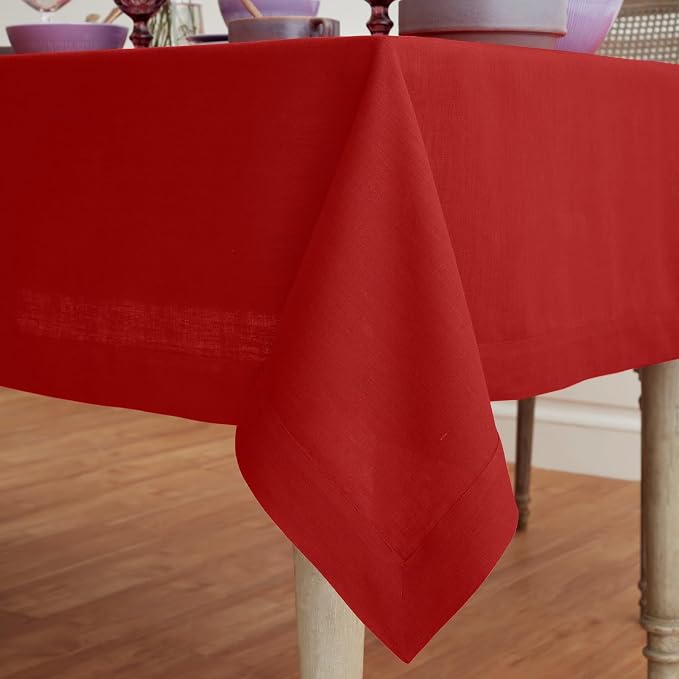 Solino Home Linen Red Tablecloth 60 x 120 Inch - 100% Pure Linen Rectangular Tablecloth - Machine Washable Table Cloth for 4th of July - Fete