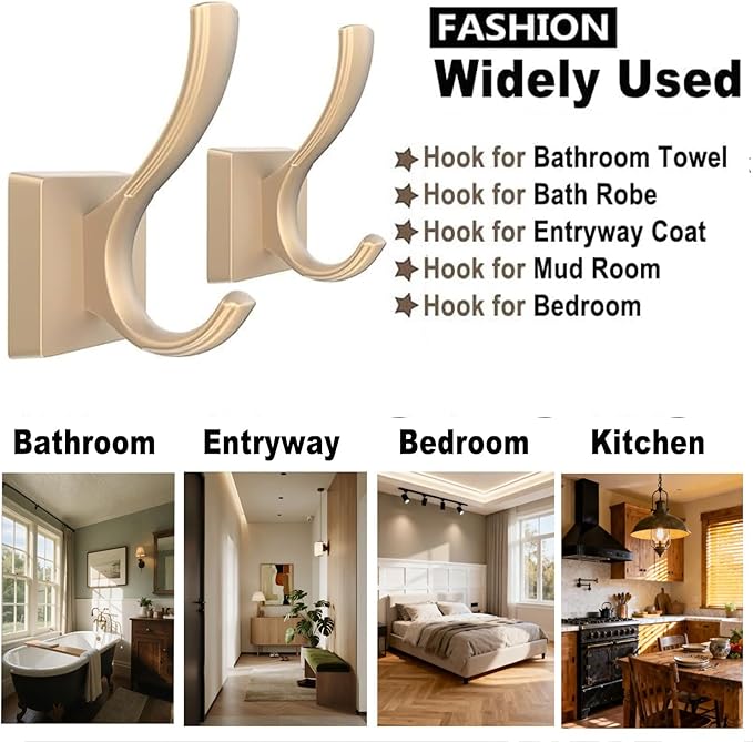 TOFIIGREM Gold Hooks for Wall, Heavy Duty Thick Aluminum Alloy Entry Coat Hooks for Hanging Key Robe Hat Backpack, Wall Mount Holder Bathroom Kitchen Garage(4 Pack, Gold)