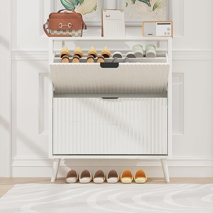 KIGOTY Narrow Shoe Storage Cabinet, Shoe Cabinet with 2 Flip Drawers, Freestanding Shoe Organizer with Legs for Entryway, Slim Shoe Rack Cabinet for Enterway (White)