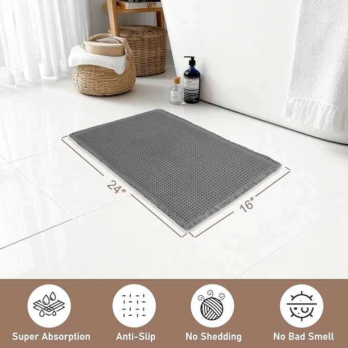 Hiasan Waffle Bath Mat, Super Absorbent Non Slip Bathroom Boho Rug with Tassels, Machine Washable Bath Mats for Bathroom, Ultra Soft Rubber Backed Rug, Dark Grey, 16 x 24 Inches
