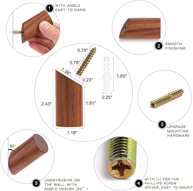 Felidio Wood Wall Hooks, 3 Pack Rustic Coat Hook Wall-Mounted, Decorative Hooks for Hanging Coats Hats Towels Robes Hat Rack for Wall (Walnut Wood)
