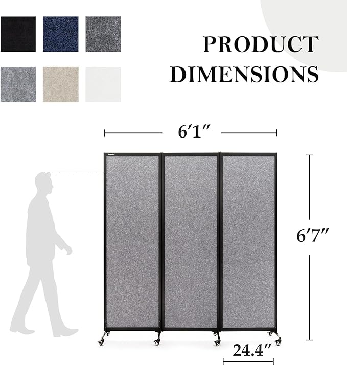 Upgrade Version Room Partition and Divider, Freestanding Rolling Dividers with Wheels,Office Privacy Screen Divider Wall,Classroom Felt Dividers,6'L* 6'7"H,3 Panel,Light Grey