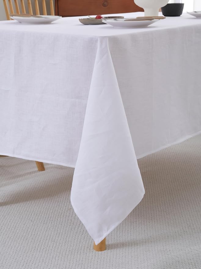 100% French Flax Linen Tablecloths Rectangle 144Lx60W Inch for Dinners, Parties, Easter, Halloween, Camping, Machine Washable, 12-14 Sets (60''x144'', White)