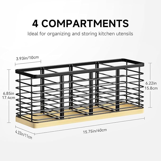 Kitchen Cooking Utensil Holder for Kitchen Counter,4 Large Black Compartments with Wooden Base utensil caddy,Rustic Style Utensil Utensil Organizer for Farmhouse Kitchen Countertop