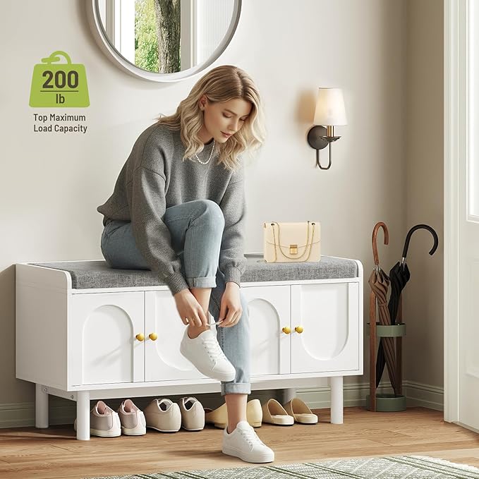 Shoe Storage Bench Set of 2, 2-Tier Entryway Bench with Cushion, 15" D x 39.4" W x 19.7" H, Shoe Cabinet Bench with 4 Doors and Adjustable Shelves, for Entryway, Hallway, Bedroom, White