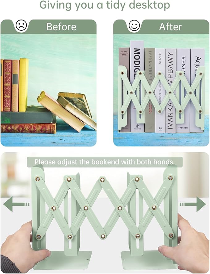 Honagu Adjustable Bookends, Metal Book Ends for Shelves Heavy Book, Desk Magazine File Organizer for Home, Office, Books, Papers, Extends up to 19 inches (Macaron Green)