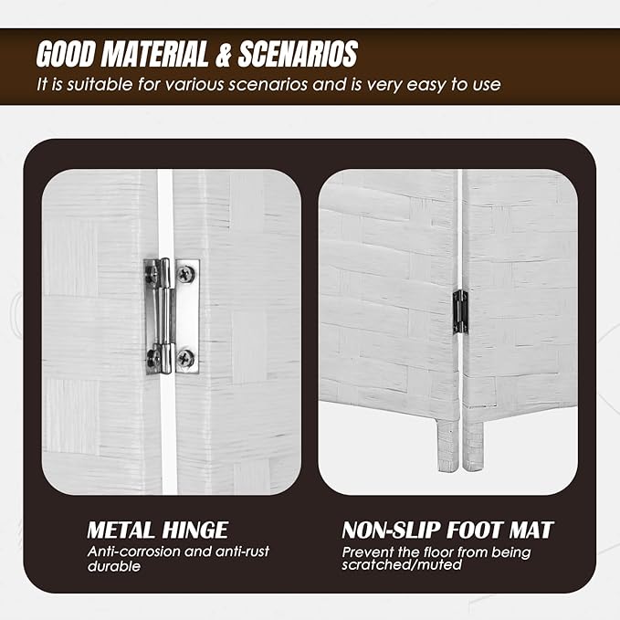 PayLessHere Room Divider 6FT Wood Mesh Hand-Woven Room Divider, 4-Panel Indoor Folding Portable Partition Screen,White