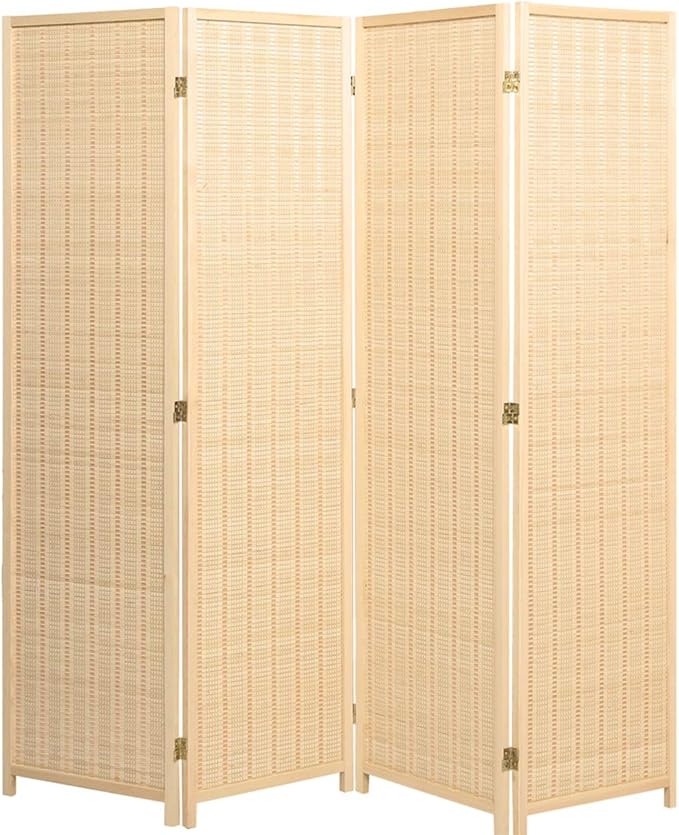 Legacy Decor 4 Panel Room Divider Black Color Wood and Bamboo Weave