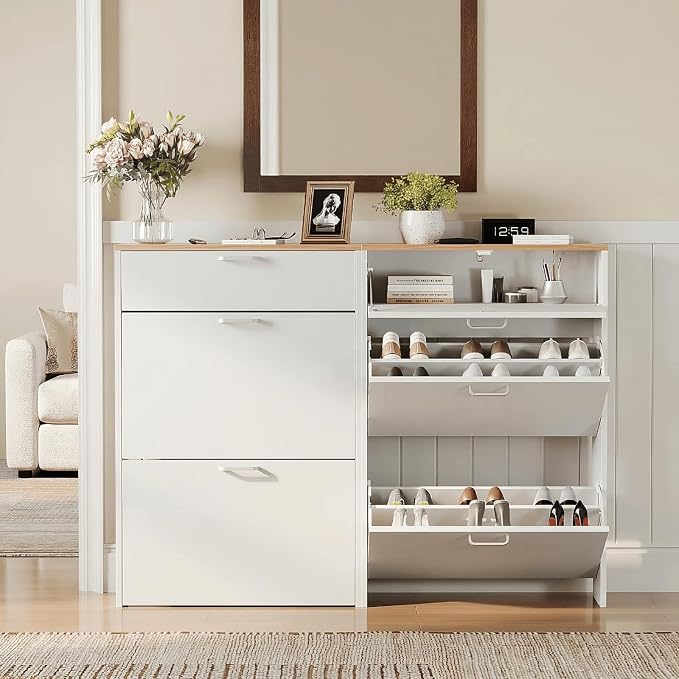 VINGLI Set of 2 Shoe Cabinet Storage for Entryway, Ultra Slim Shoe Organizer with 2 Flip & 1 Drop-Down Drawers, 2-Pack Narrow Shoe Cabinet 24.8" W for Front Door, Freestanding Modern White Shoes Rack