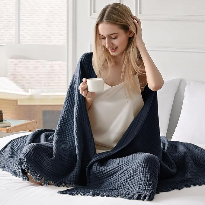Esterra Muslin Throw Blanket 50x65 Inches Cozy Soft Lightweight Pre-Washed Cotton Blanket, All Season Breathable 4-Layer Gauze Blanket Throw for Sofa Couch Bed, Navy Blue