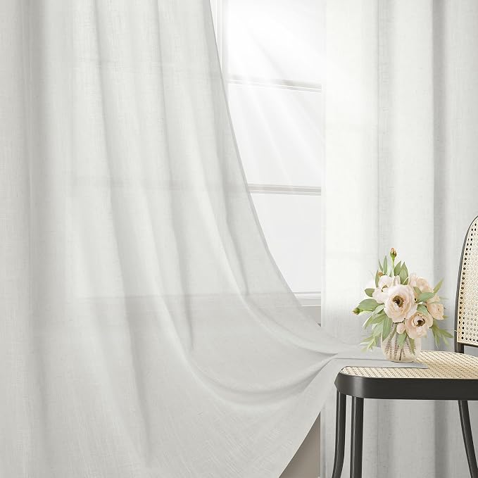 Joywell White Linen Curtains 96 Inches Length Long Rod Pocket/Back Tab/Hook Belt/Clip Rings Semi Sheer Window Curtains Farmhouse Linen Drapes for Bedroom Living Room 2 Panels Set,52x96,Off White