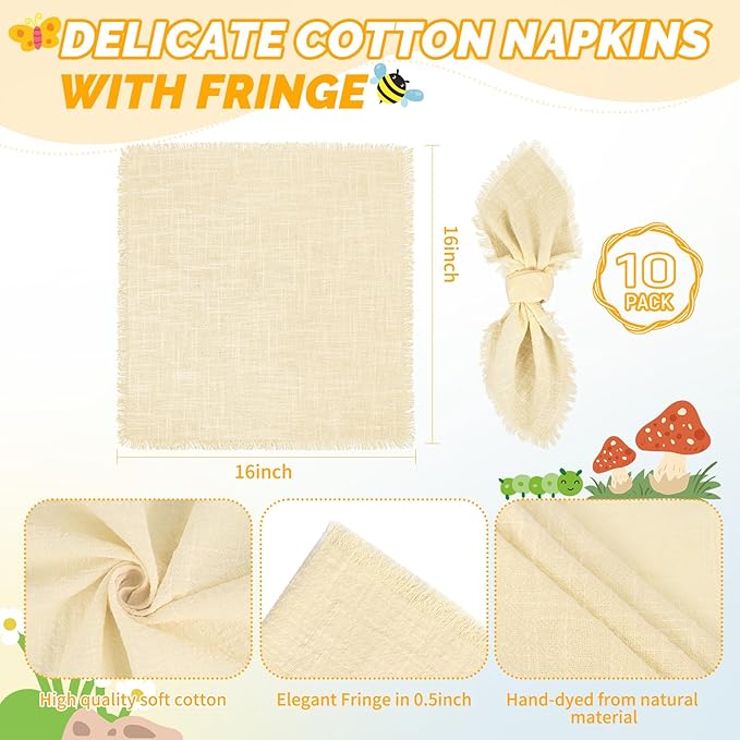 Showgeous 10 Pack Beige Cloth Napkins with Fringe 16x16 inch 100% Cotton Beige Napkins Handmade Dinner Napkins Bulk Washable Soft Rustic Table Napkins for Wedding Parties Bridal Baby Shower