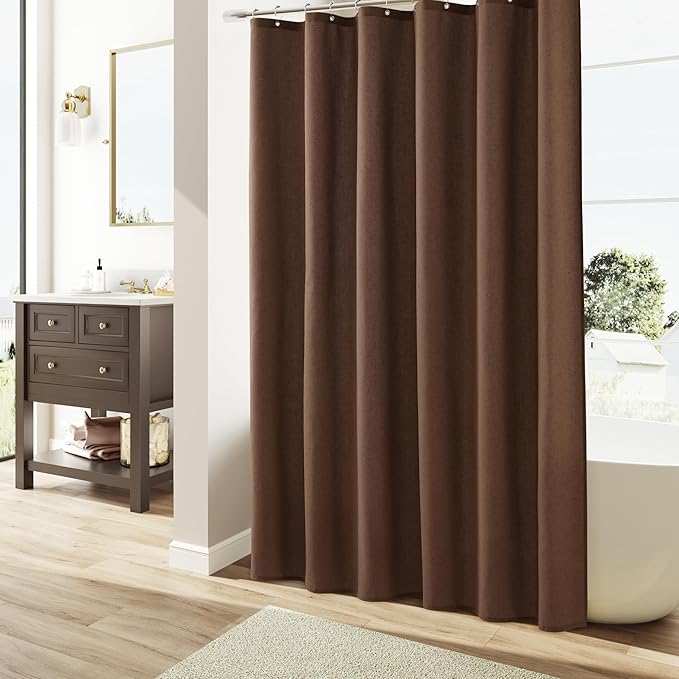 Naturoom Caramel Brown Linen Shower Curtain, Country Boho Farmhouse Bath Decor Shower Curtains Neutral Cloth Weighted Textured Fabric Bath Curtain Liner with Hooks, 72x72