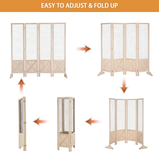 VINGLI Room Divider Freestanding Gridwall, 4 Panel Folding Display Board Organizer with Base Feet, Decorative Wooden Frame Wire Grid Screens for Craft Shows Events Retail (Natural, 5'×5')