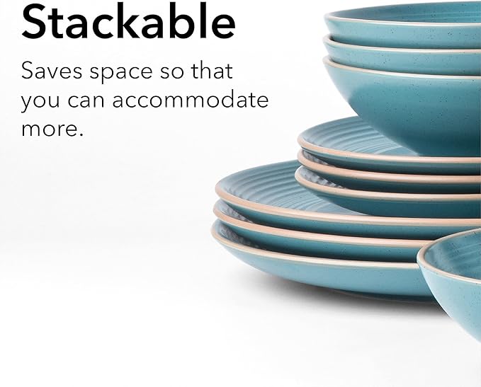 Arora RINGAR Round Stoneware 16pc Double Bowl Dinnerware Set for 4, Dinner Plates, Side Plates, Cereal Bowls, Pasta Bowls - Speckle Matte Turquoise (428525)