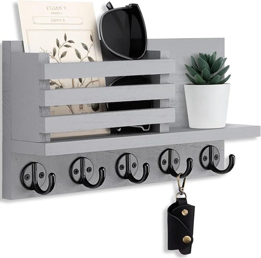 Lwenki Key Holder for Wall – Decorative Wooden Mail Holder and Key Shelf with Mounting Hardware, Installation Guide – Paulownia Wood with Metal Key Hooks (Gray, Large - 11.8inch)