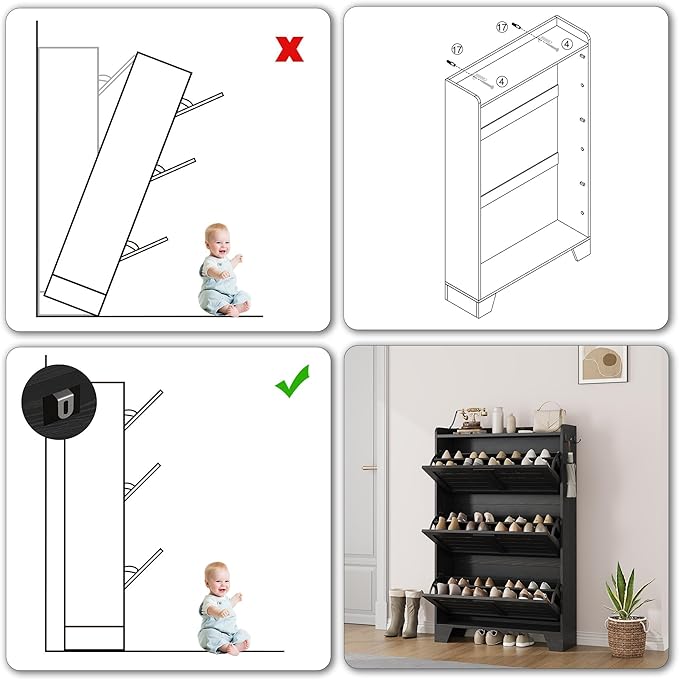 IDEALHOSUE Shoe Cabinet Storage for Entryway, Slim Shoe Storage Cabinet with 3 Flip Drawers, Freestanding Hidden Narrow Shoe Organizer Cabinet with Hooks for Entrance, Foyer, Hallay, Black
