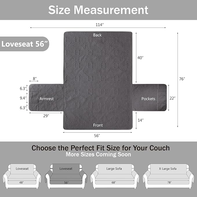 Soft Gray Loveseat Covers for 2 Cushion Couch, Water-Repellent Slip Covers for Sofa, Machine Washable Love Seat Quilted Couch Covers, Pet Friendly Loveseat Slipcovers (Loveseat 56", Gray)