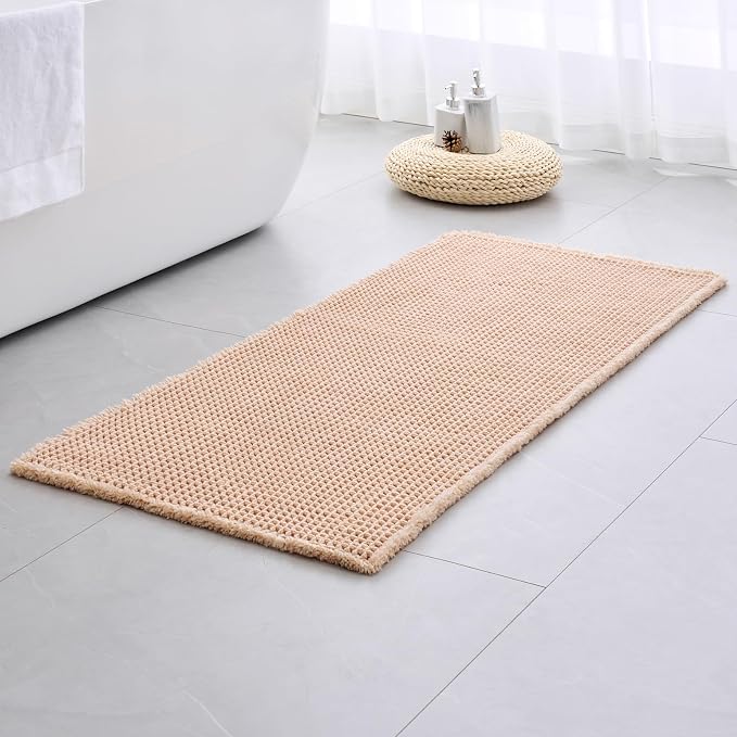 Disolla Waffle Bath Mat, Non Slip Absorbent Bathroom Runner Rug, Washable Quick Dry Ultra Soft Long Bathroom Floor Mat, Large Beige/White Bath Rug for Tub Shower, 24''x59''