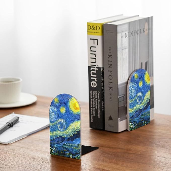 Ouqiuwa Starry Wood Book Ends L-Shaped for Shelf Holders 2 Pcs, Sky Style Book Organizers 3.1 * 5.1in Decorative for Home Office Library