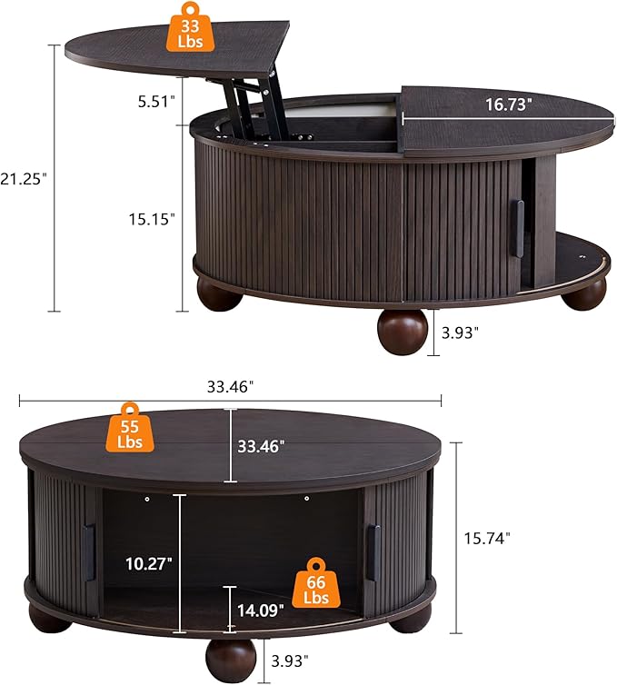 Round Lift Top Coffee Table with Hidden Storage, 33.5'' Mid-Century Fluted Coffee Table with Sliding Tambour Door Solid Wood Legs, Circle Center Table for Living Room, Small Space (Smoked Black)