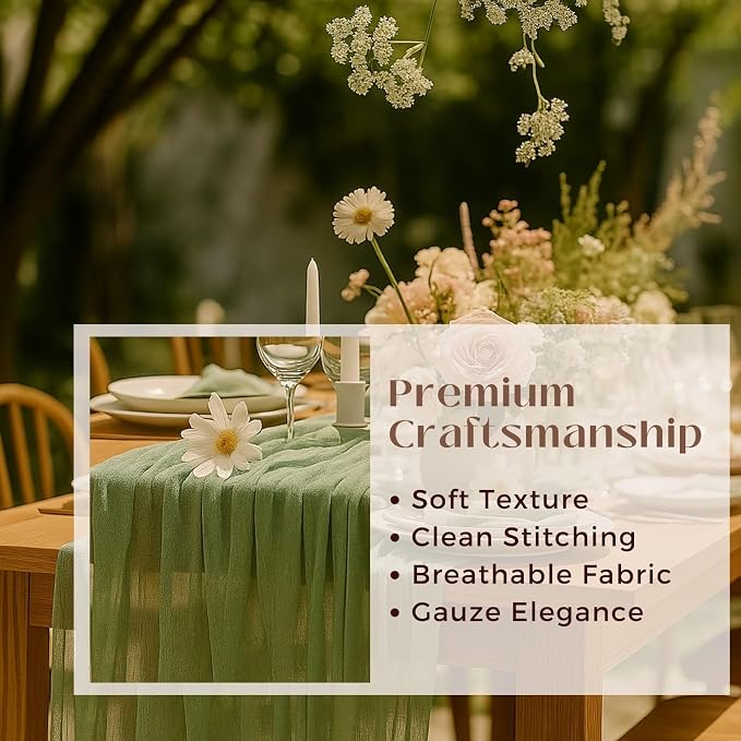 12 Pack Sage Green Cheesecloth Table Runners – 10FT Rustic Gauze Bulk Set for Wedding Reception, Woodland Baby Shower, Garden Party, or Boho Spring Event Decor