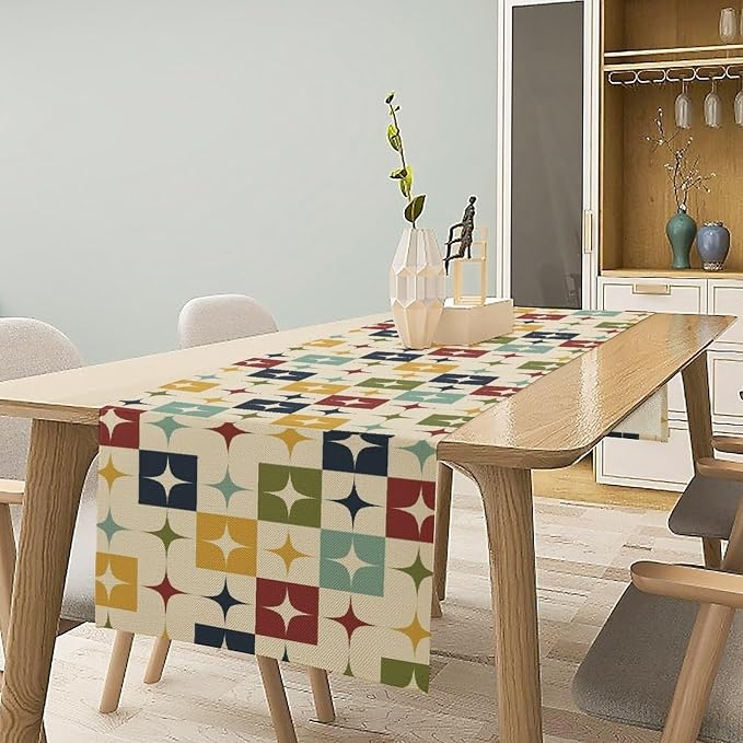 Mid Century Modern Table Runner Abstract Geometric Diamond Atomic Star Retro 1950S Dining Table Ruuner Home Kitchen Party Living Room Table Decoration 13x60in