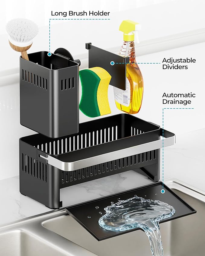 Nieifi Sponge Holder for Kitchen Sink, Sink Caddy with High Brush Holder and Towel Rack, Kitchen Countertop Organizer and Storage Essential (Black with Smiley Face, 10.12″)