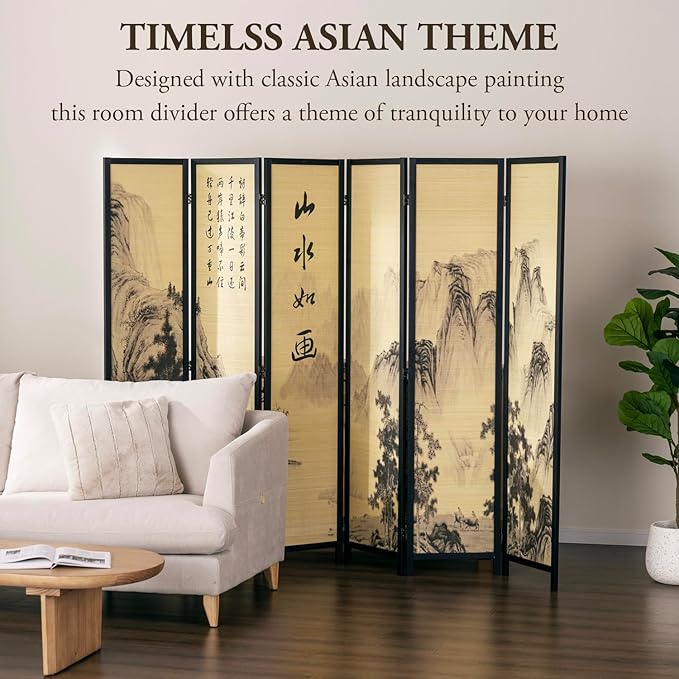 MyGift Decorative 6 Panel Folding Room Divider Bamboo Screen with Chinese Calligraphy Design, 6FT Freestanding Floral Artwork Room Partitioner with Black Wood Frame 94.5''W x 69''H