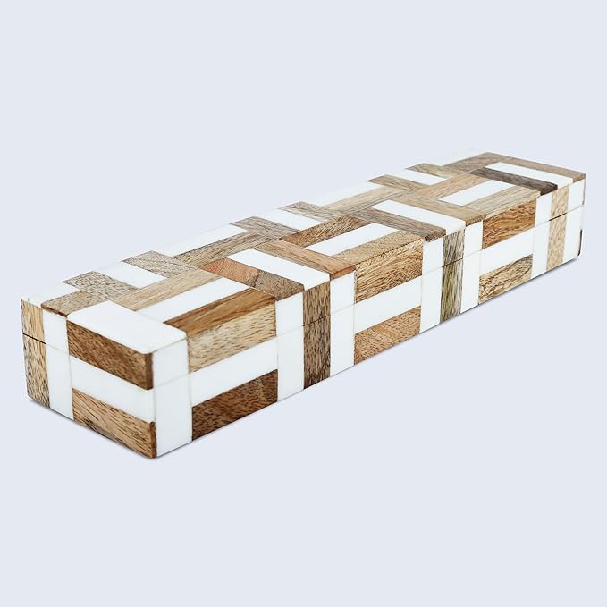 Handicrafts Home White Decorative Storage Box with Lid Wood Entryway Organizer Key Holder Box Console Table Storage for Hallway – Resin Inlay Marquet Chase Collection - 10x2.5x1.5