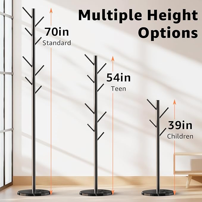 HzTinT Coat Rack with Natural Marble Base, Metal Freestanding Coat Rack with 8 Hooks, 3 Adjustable Size Sturdy Coat Tree for Bags, Coats, and Hats for Entryway, Hallway, Bedroom, Office, Black